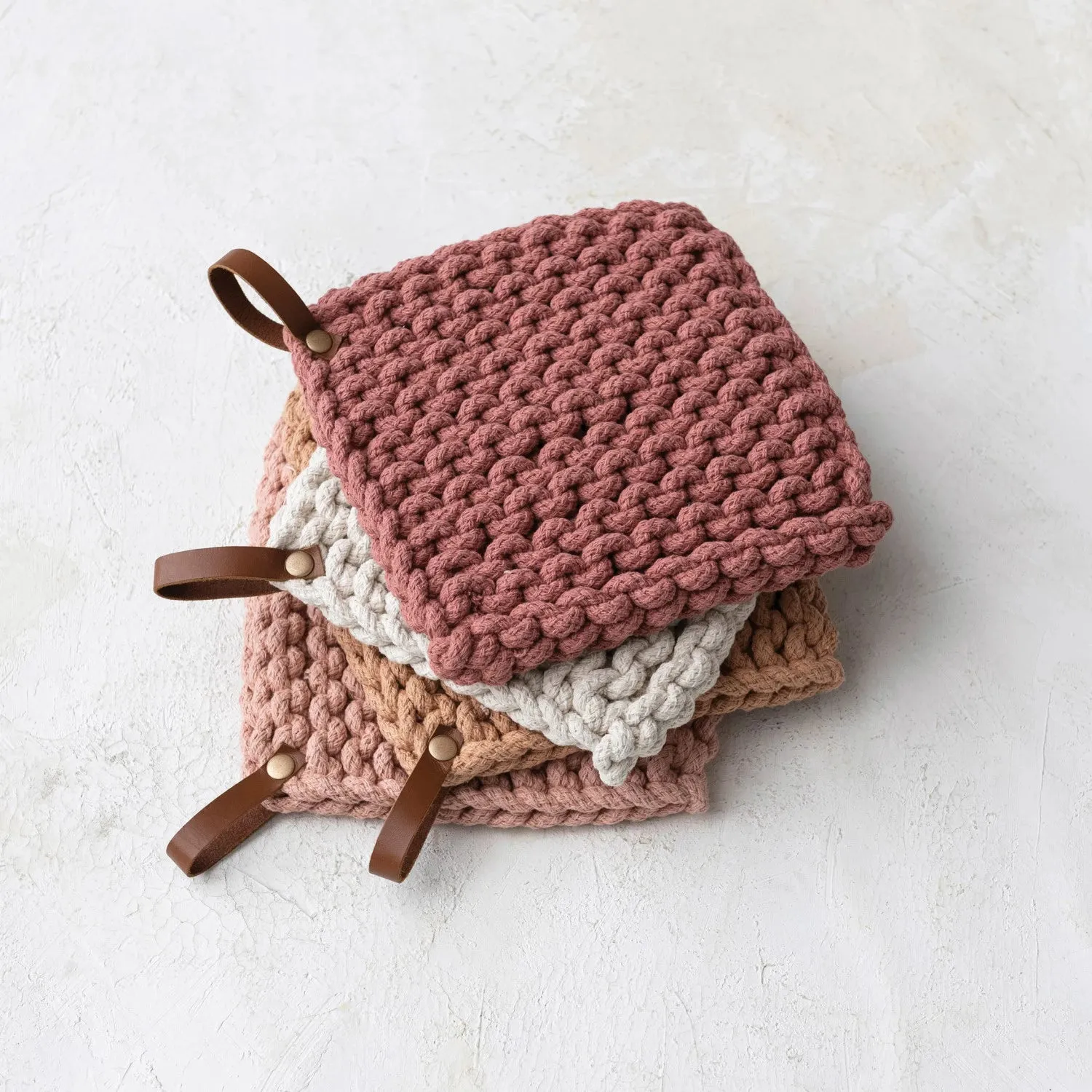 Chunky Knit Cotton Pot Holder with Leather Loop