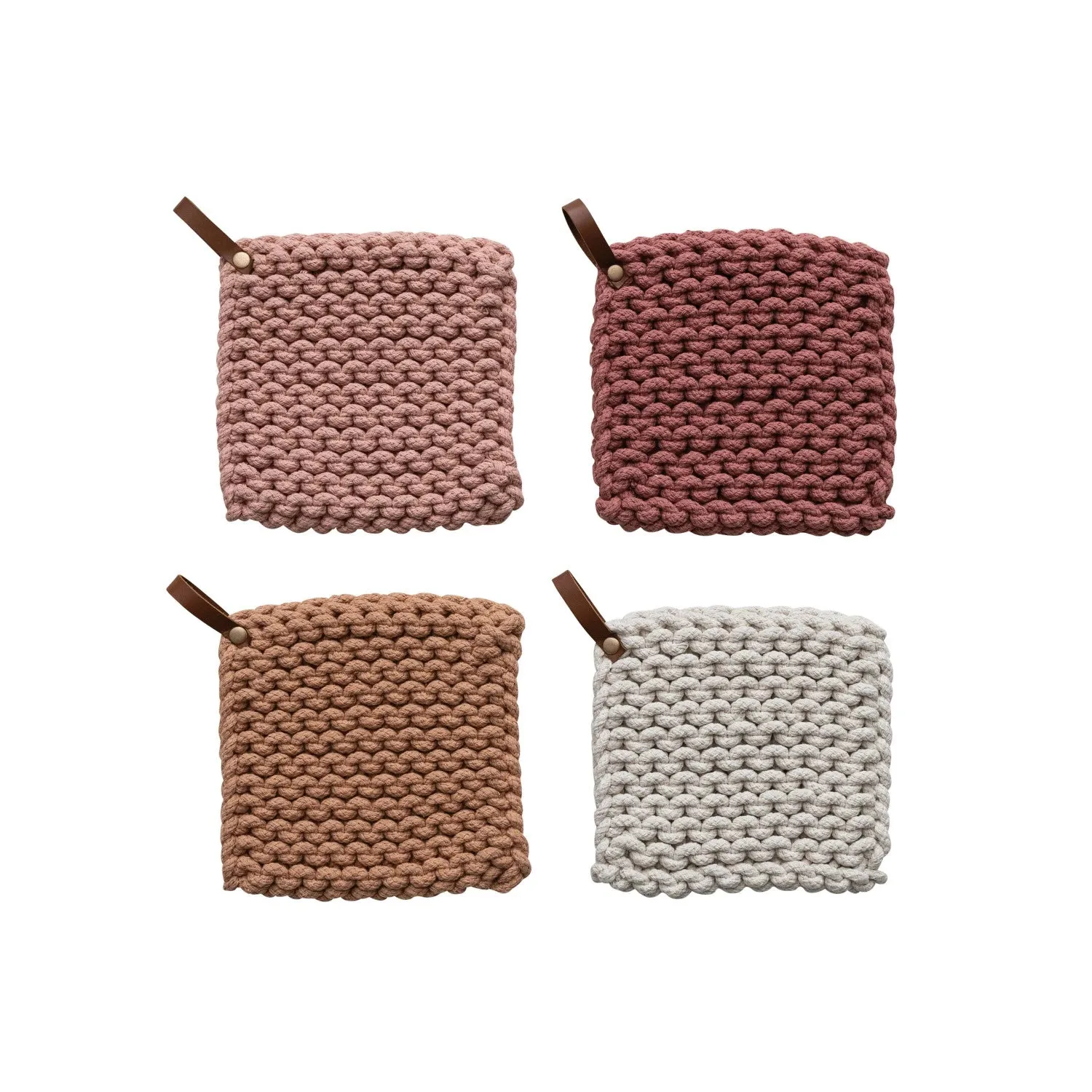 Chunky Knit Cotton Pot Holder with Leather Loop