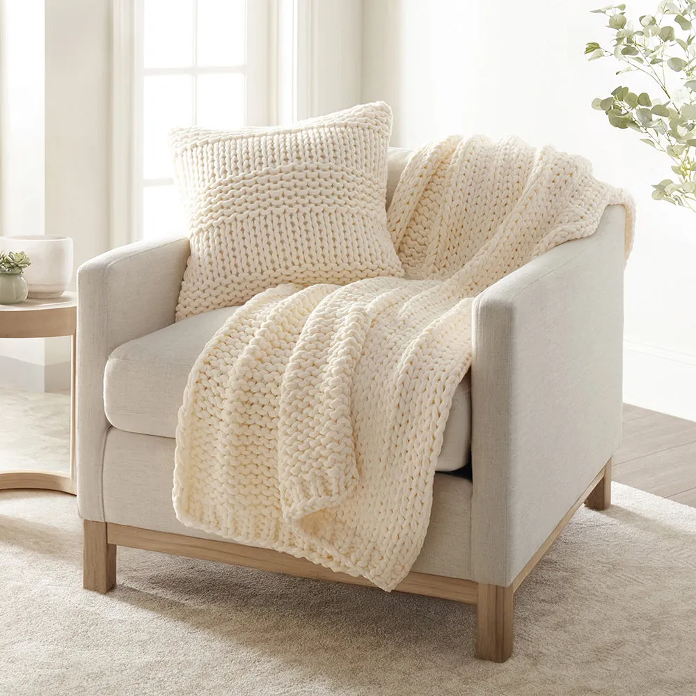 Chunky Knit Throw Blanket and Decor Pillow with Insert Bundle