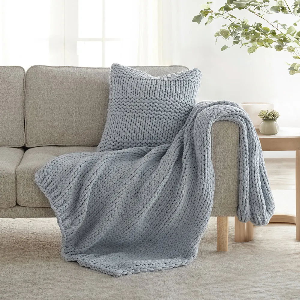 Chunky Knit Throw Blanket and Decor Pillow with Insert Bundle