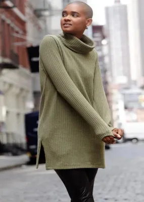 Clara Sunwoo - Ribbed Turtleneck Tunic Sweater - Olive