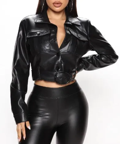 Cropped Collar Leather Jacket, Black