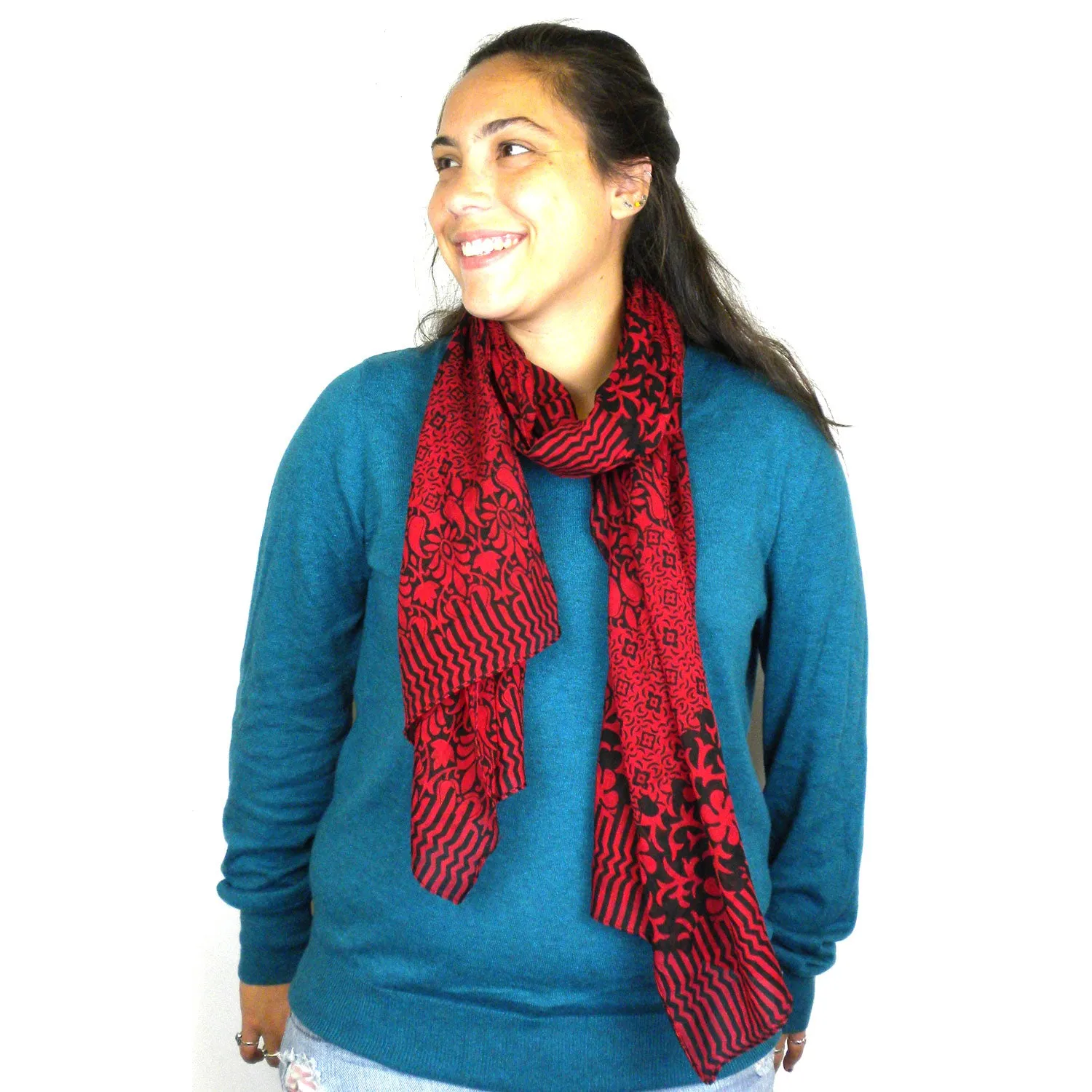 Deep Red and Black Floral Cotton Scarf Asha Handicrafts