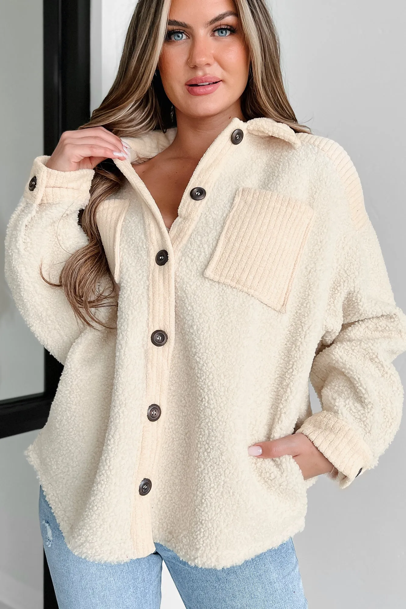 Down Memory Lane Chenille Trim Teddy Shacket (Cream)