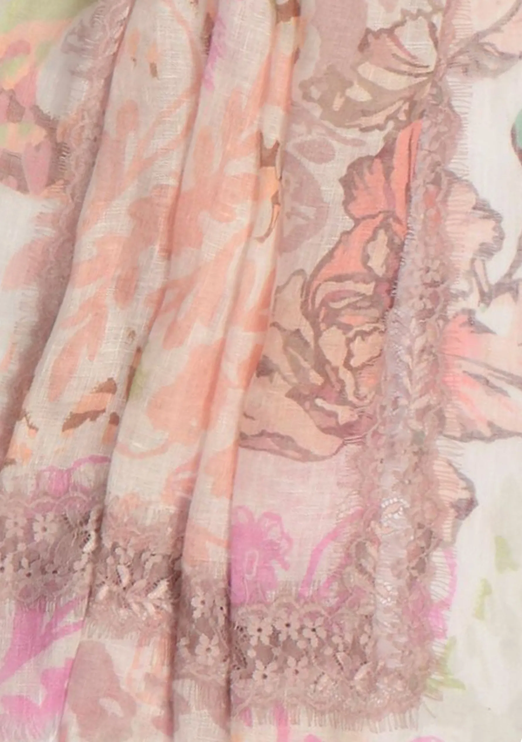 Dual Color Pink and Lt. Copper Floral Print Linen Scarf with a Lt. Copper Lace Cut-out Inner Border