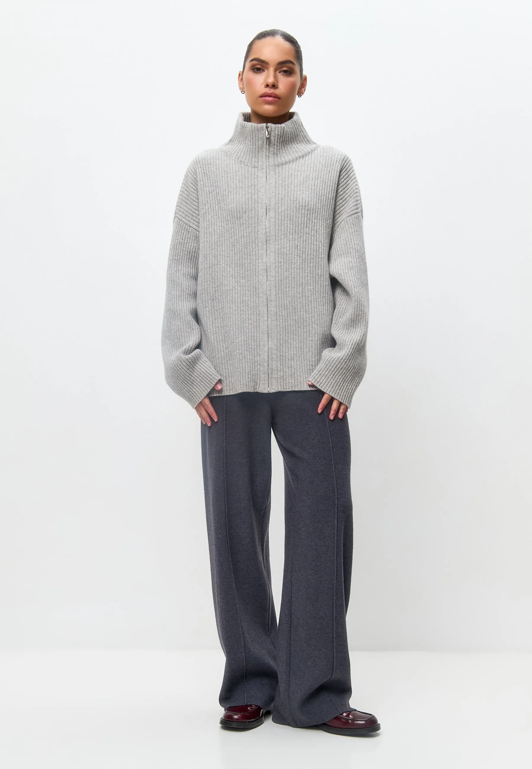 Elegant Merino Zip-Up Sweater Alice - Gray