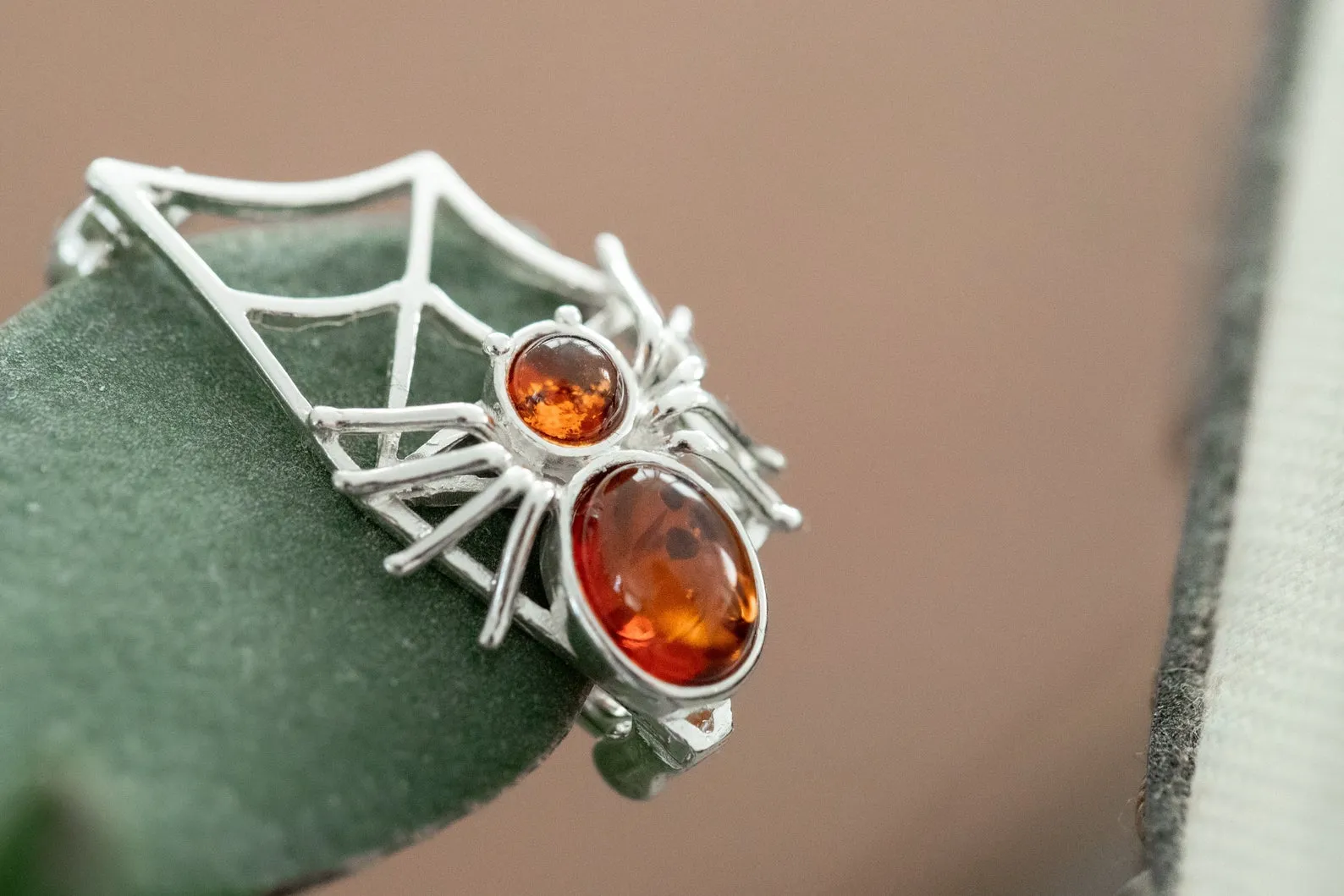 Elegant Minimal Amber Spider Web Brooch - Sterling Silver with Baltic Amber Stones | Unique & Intricate Design