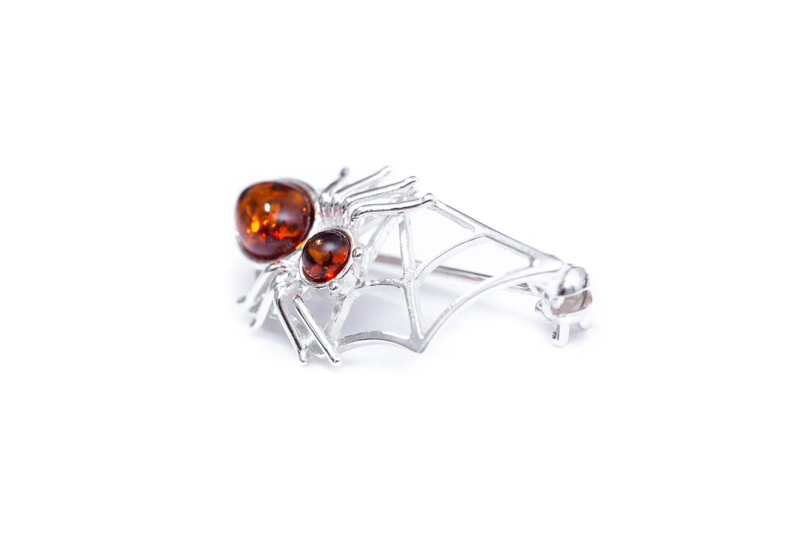 Elegant Minimal Amber Spider Web Brooch - Sterling Silver with Baltic Amber Stones | Unique & Intricate Design