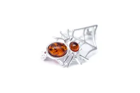 Elegant Minimal Amber Spider Web Brooch - Sterling Silver with Baltic Amber Stones | Unique & Intricate Design