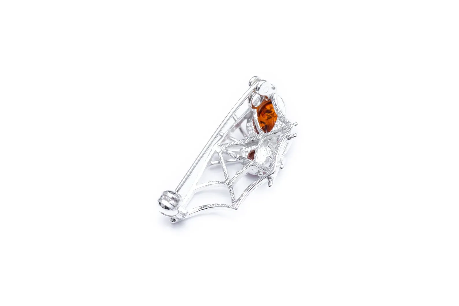 Elegant Minimal Amber Spider Web Brooch - Sterling Silver with Baltic Amber Stones | Unique & Intricate Design