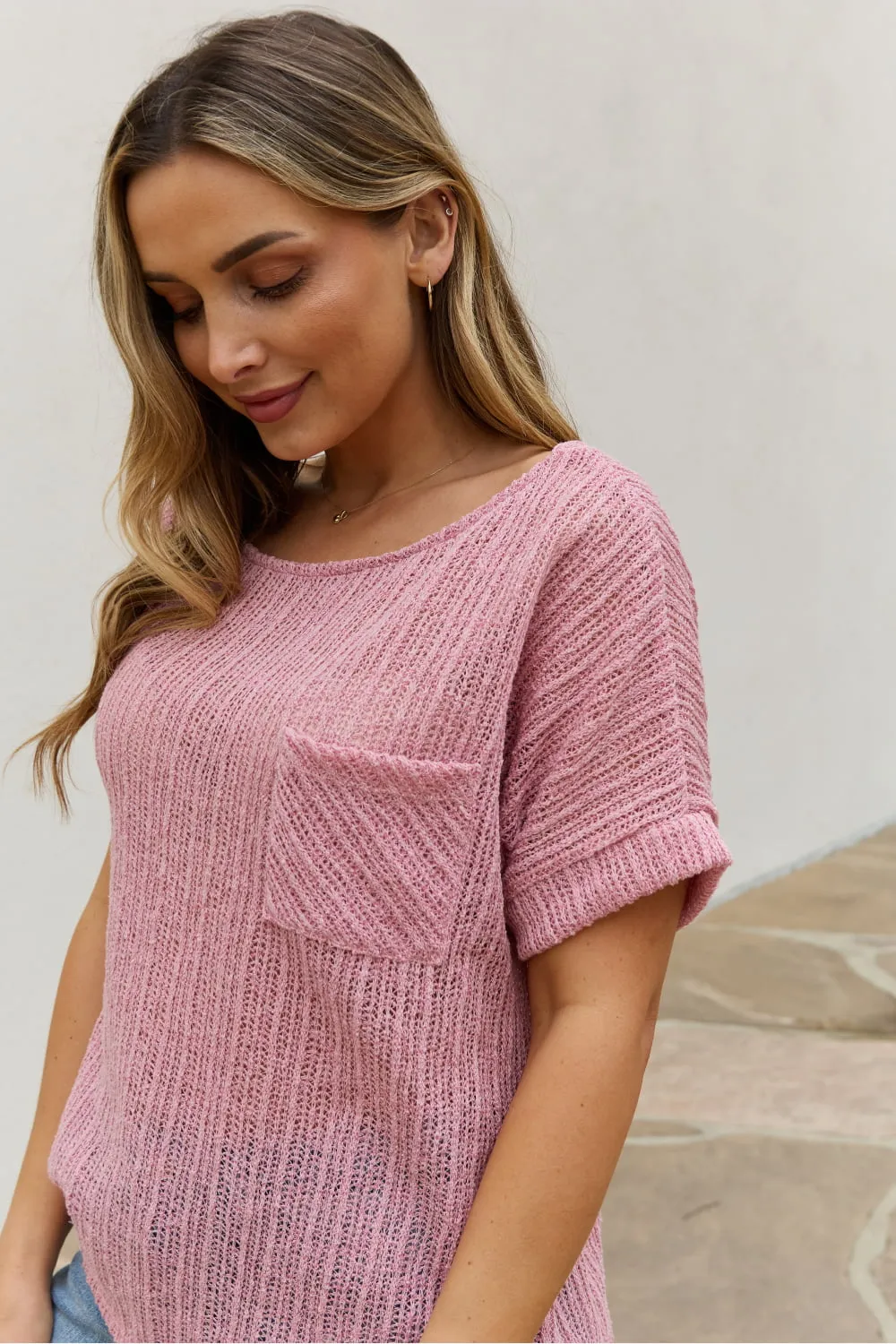 e.Luna Full Size Chunky Knit Short Sleeve Top in Mauve