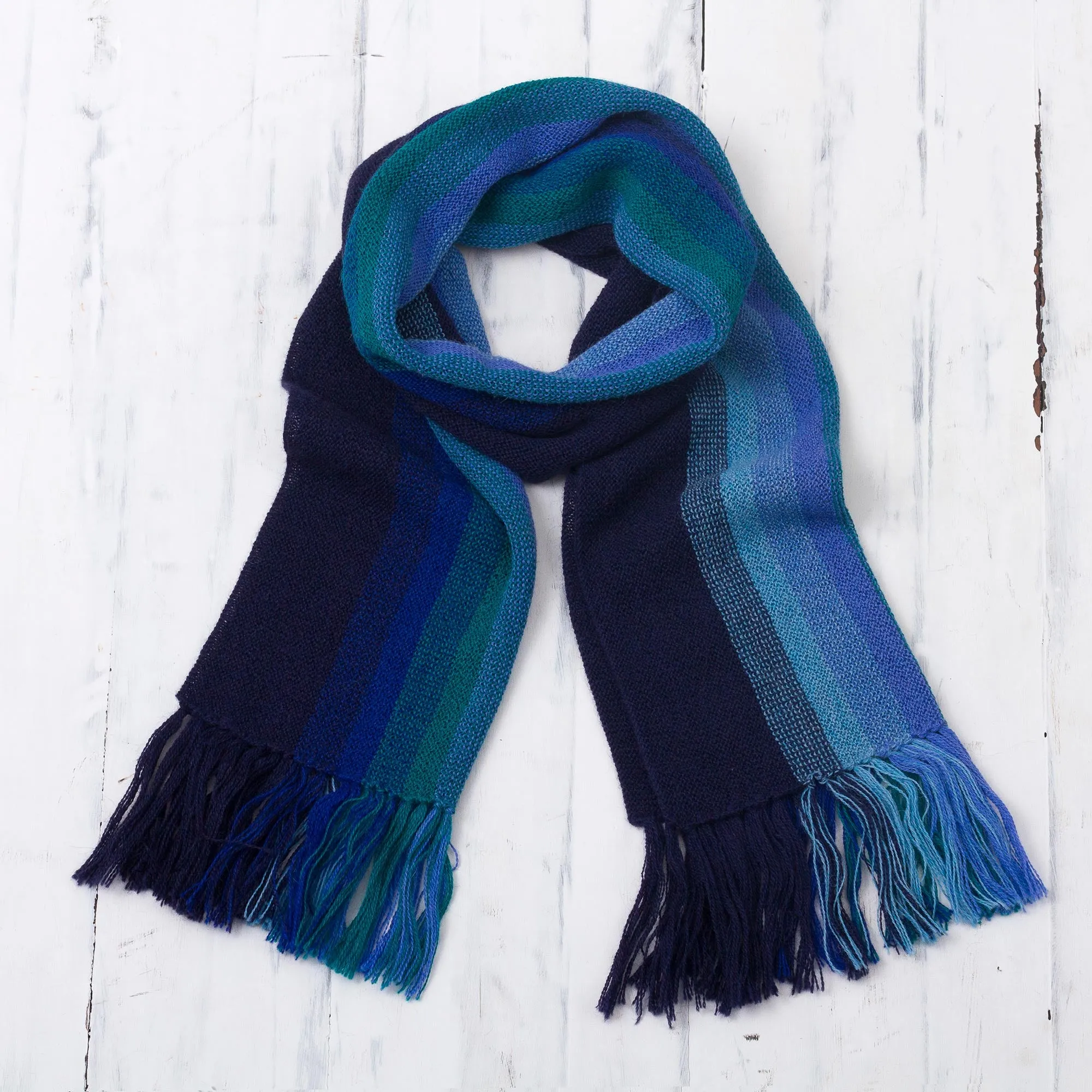 Evening Sky Stripes Multicolor Blue and Teal Striped 100% Alpaca Knit Scarf