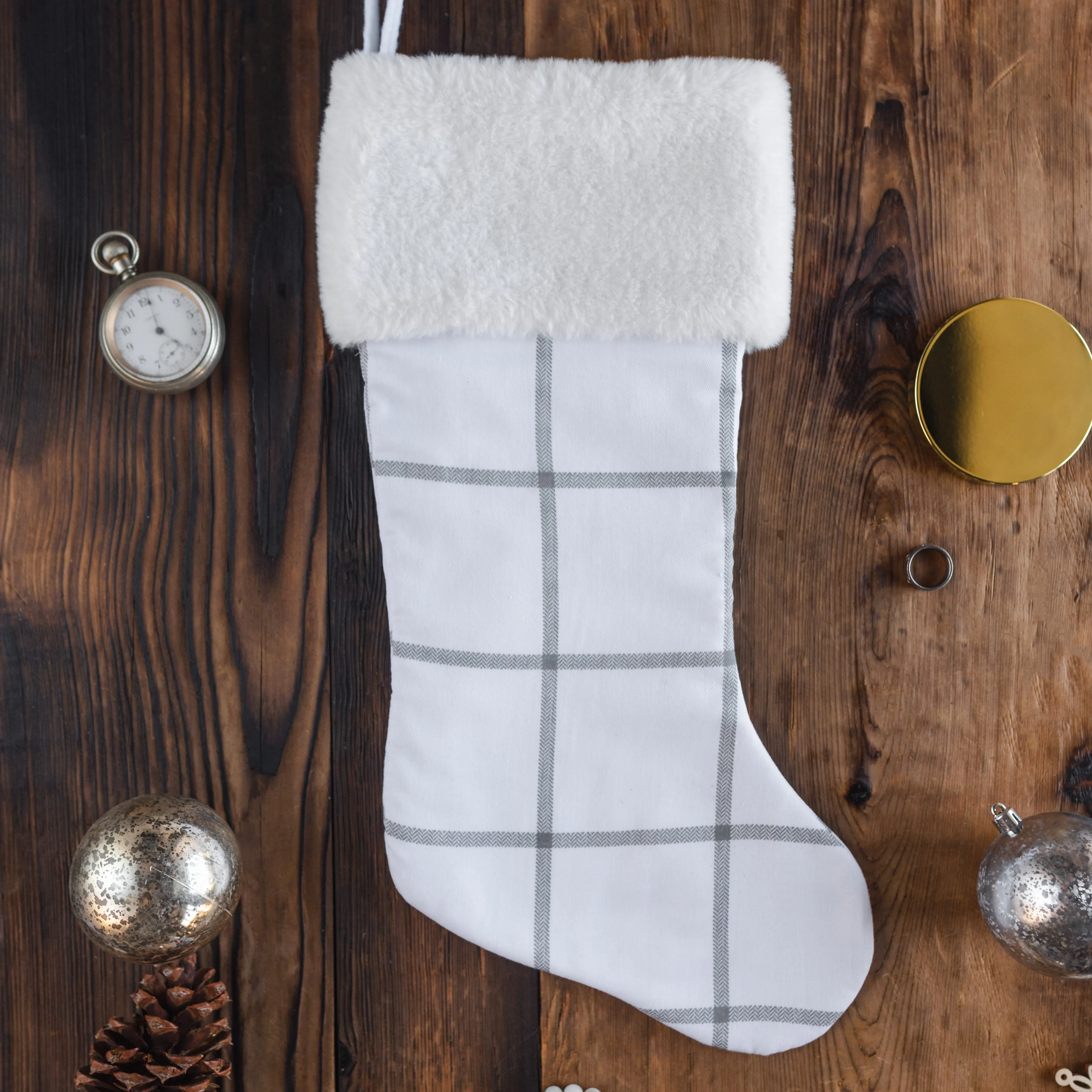 Farmhouse Windowpane Plaid Faux Fur Christmas Stocking