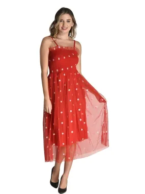 FIMS Fashion Women Embellished Net Floral Midi Fit & Flare Dress Red