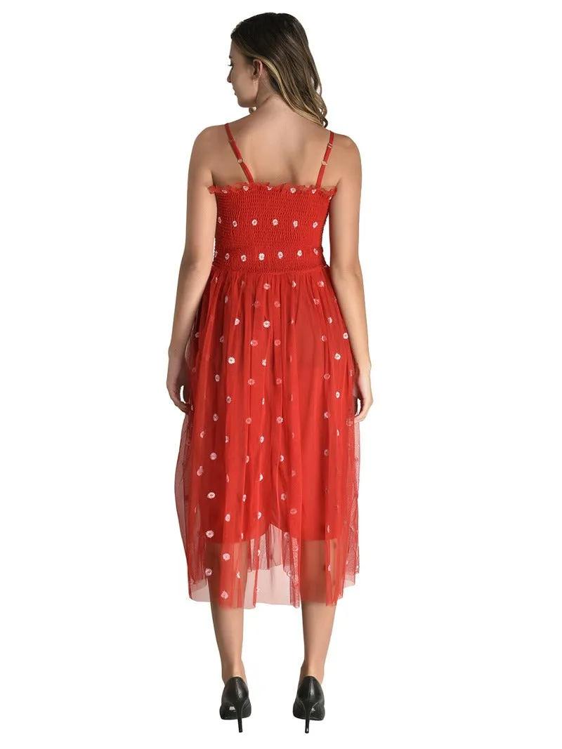 FIMS Fashion Women Embellished Net Floral Midi Fit & Flare Dress Red