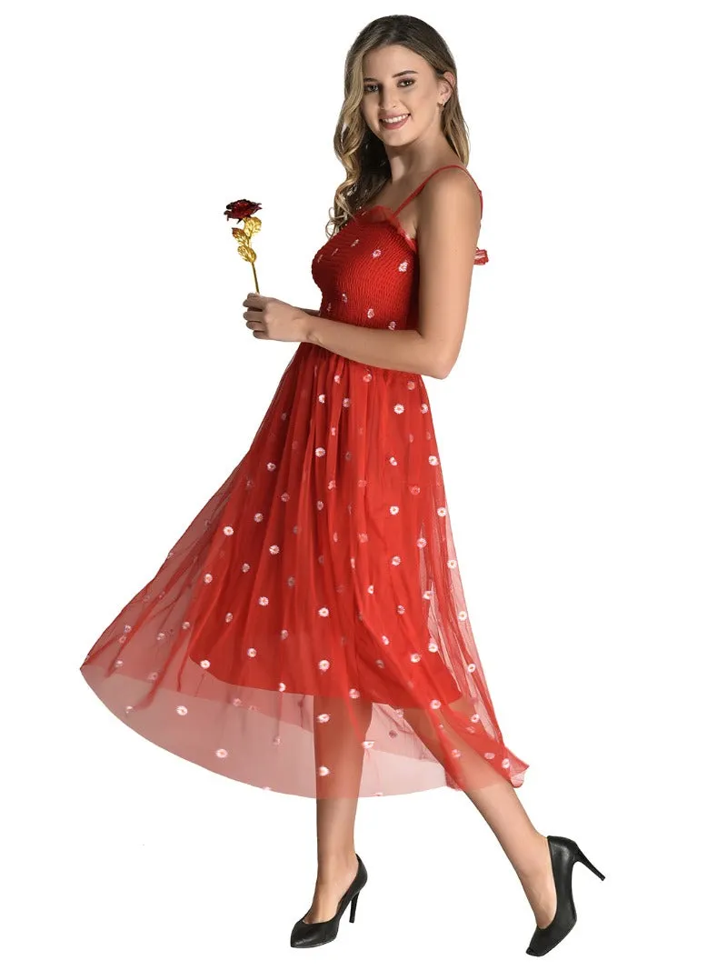 FIMS Fashion Women Embellished Net Floral Midi Fit & Flare Dress Red