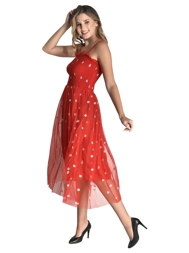 FIMS Fashion Women Embellished Net Floral Midi Fit & Flare Dress Red