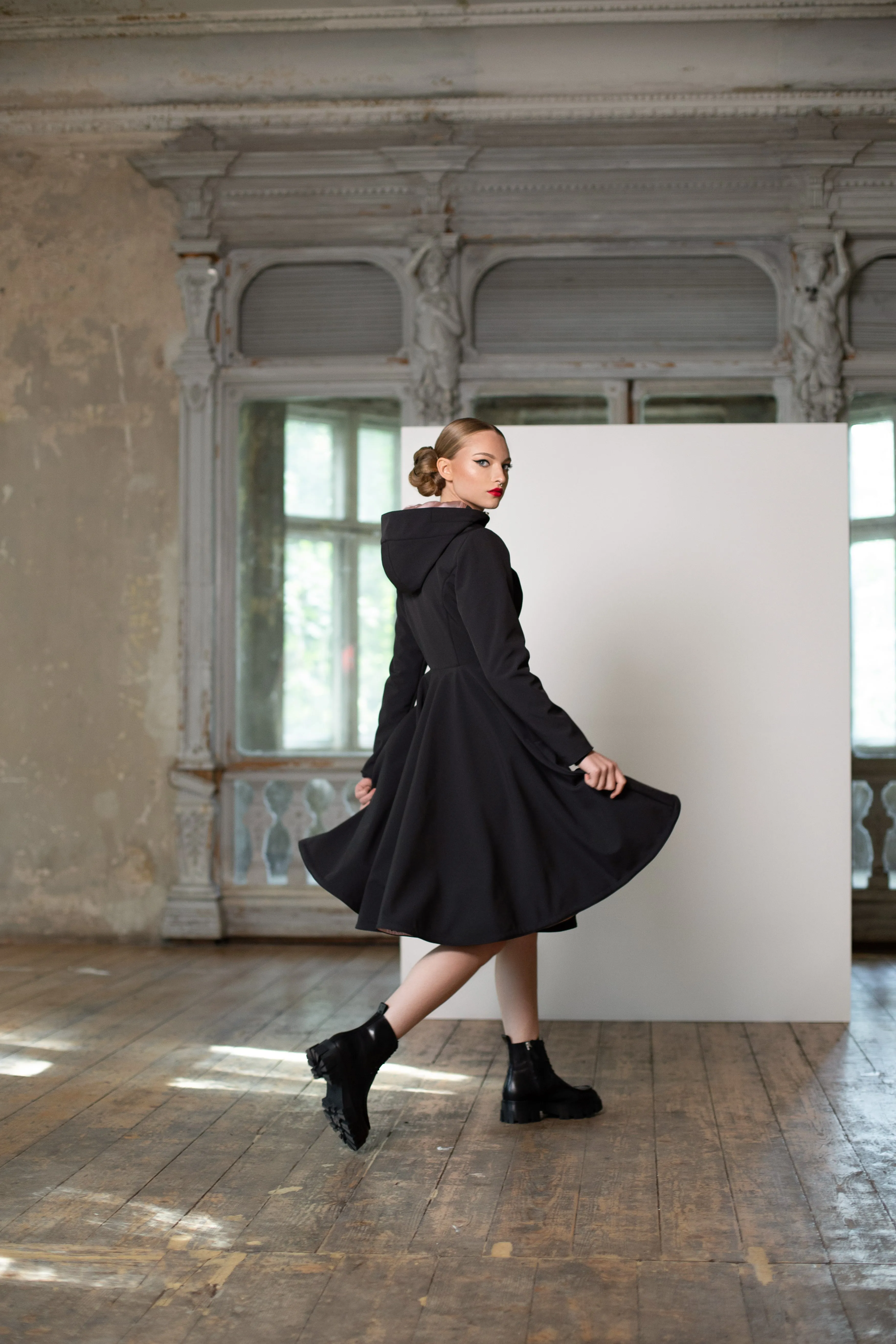 Fit and Flare Coat with Full Circle Skirts in Black and Ash Pink | 'Midnight Black'