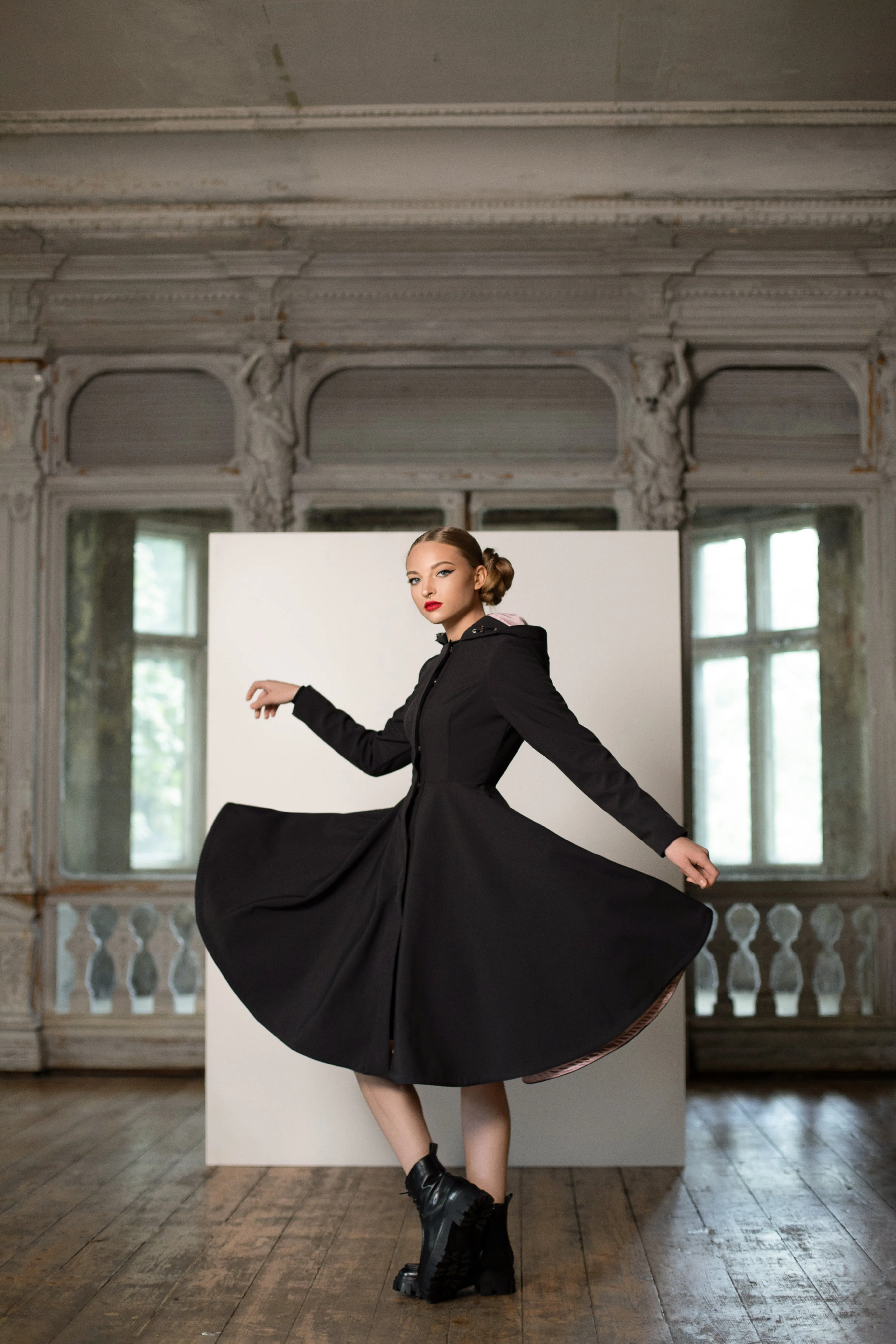 Fit and Flare Coat with Full Circle Skirts in Black and Ash Pink | 'Midnight Black'