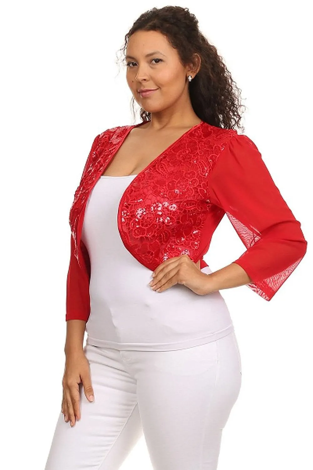 Floral Sequin Crochet Plus Size Bolero Open Front Jacket Red or White