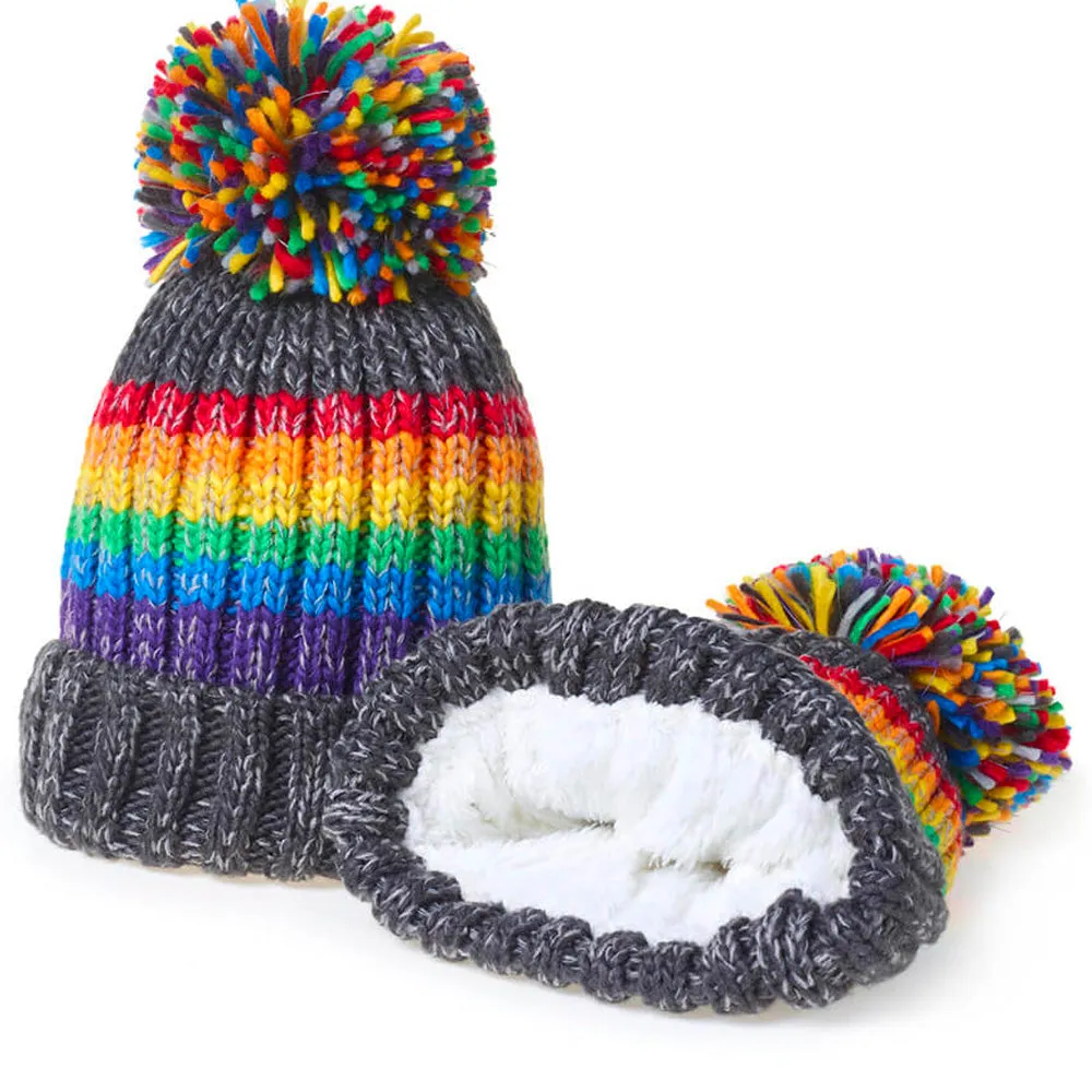 Gay Pride Rainbow Luxury Super Sherpa Fleece Lined Reflective Bobble Hat - Graphite