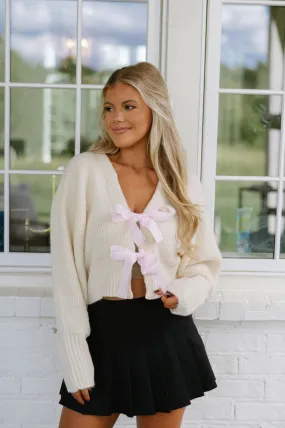 Girlie Cropped Bow Cardigan- Cream/Pink