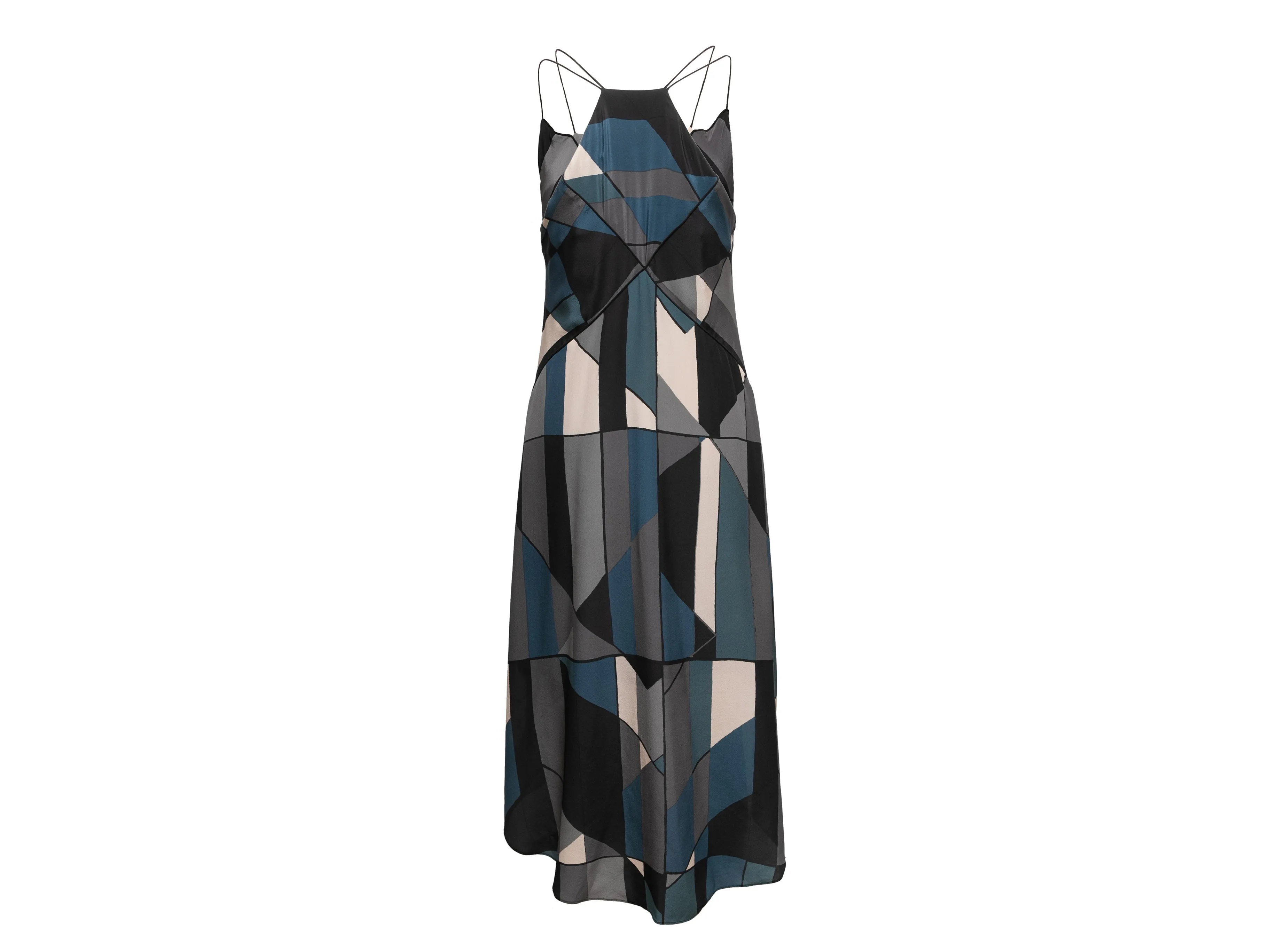 Grey & Multicolor Valentino Geometric Print Silk Dress Size US M