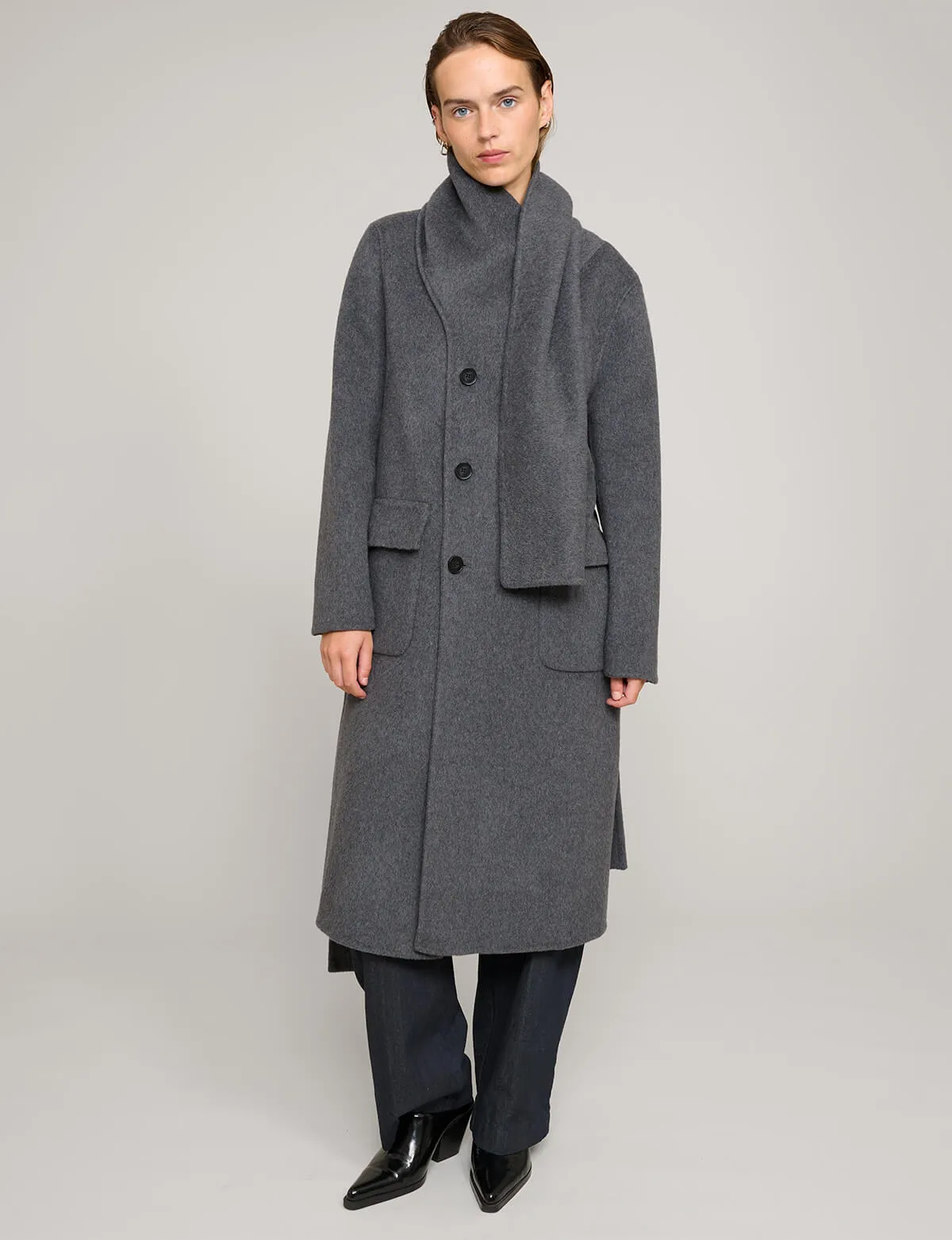 Grey Scarf Wool Coat