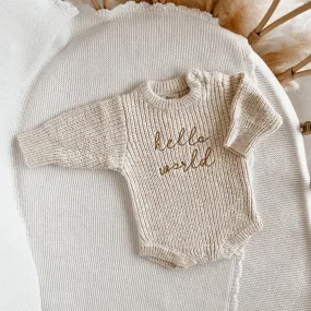 'Hello World' Chunky Knit Romper - Honey