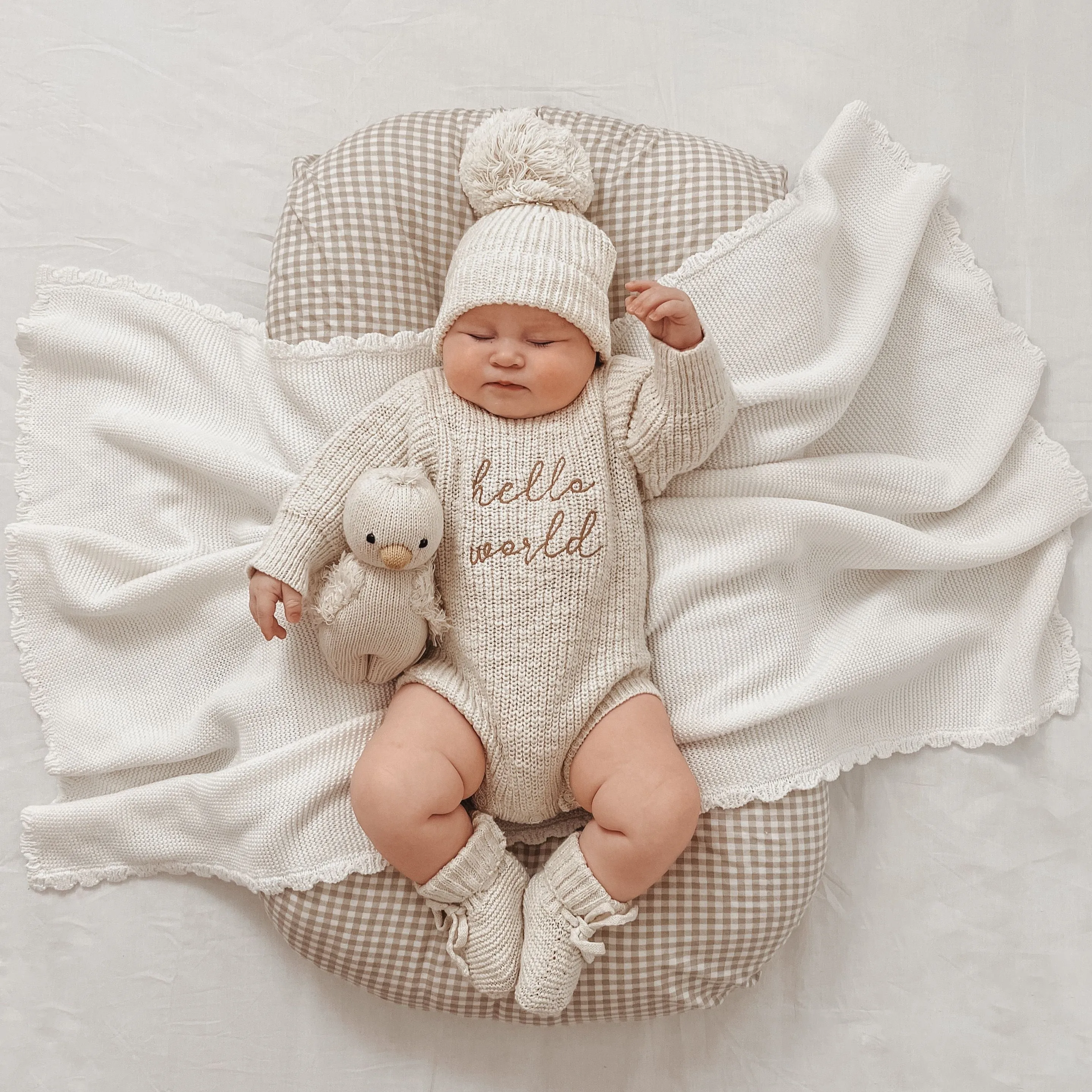 'Hello World' Chunky Knit Romper - Honey