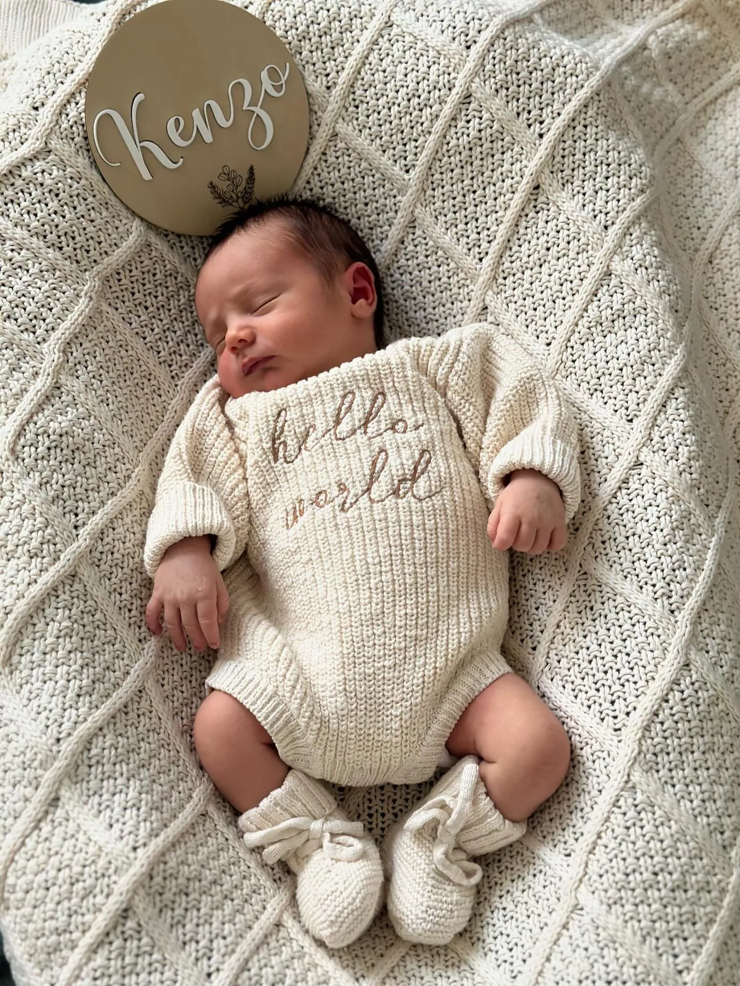 'Hello World' Chunky Knit Romper - Honey