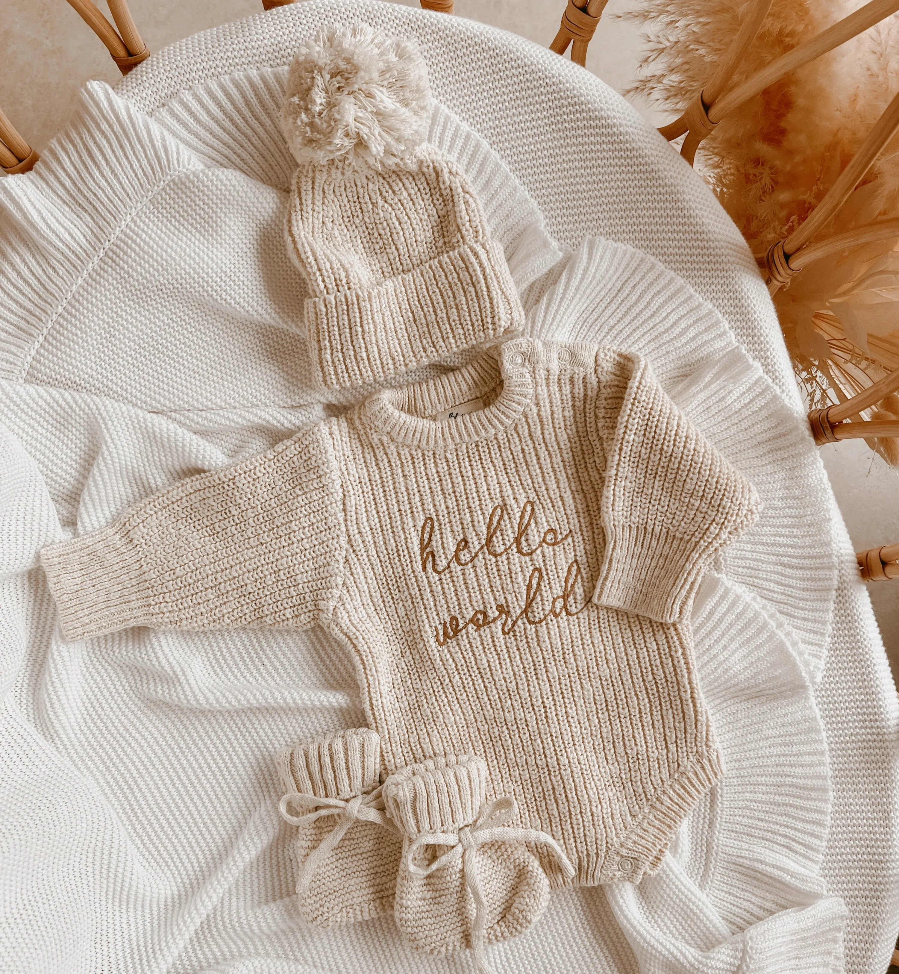 'Hello World' Chunky Knit Romper - Honey