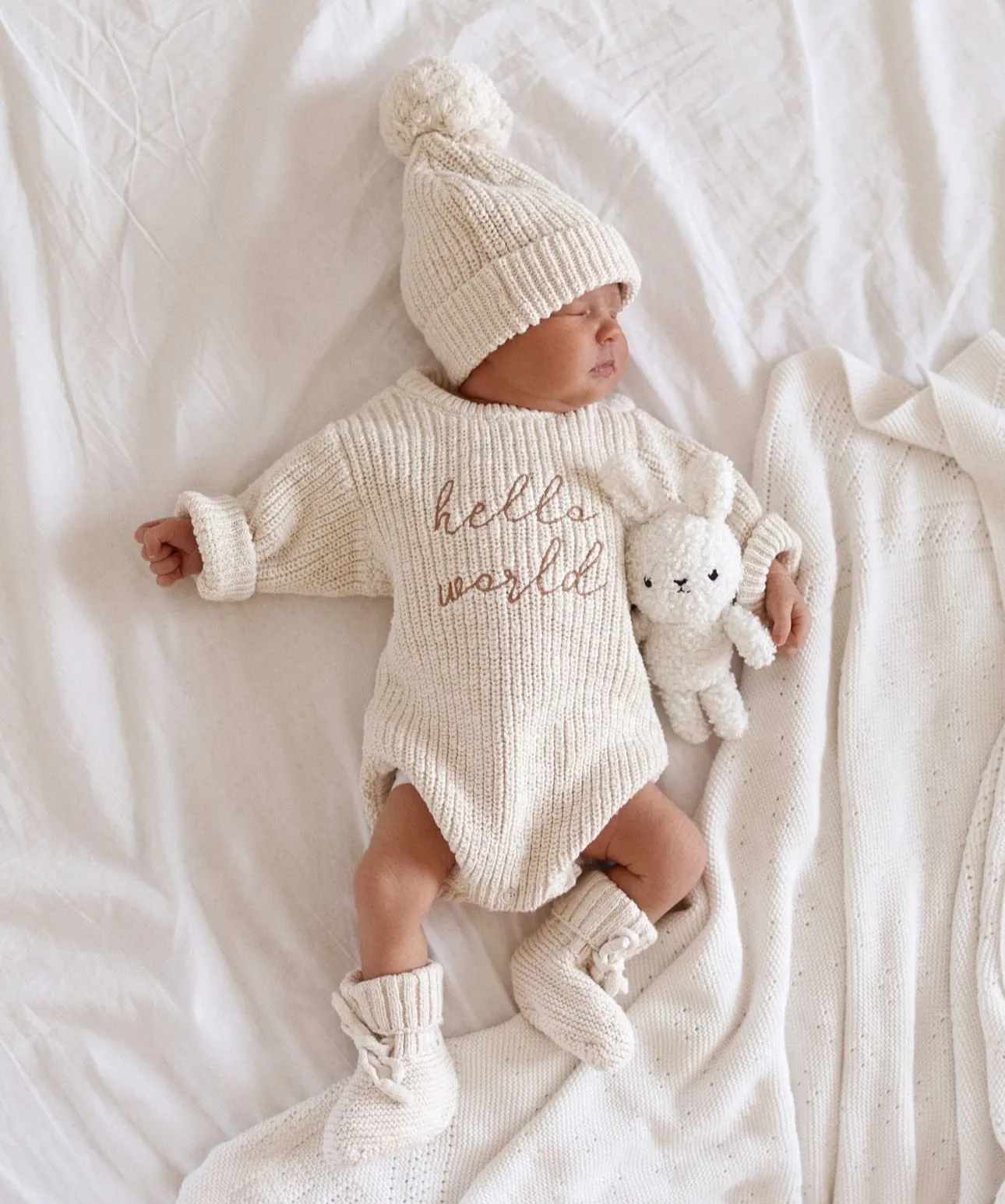 'Hello World' Chunky Knit Romper - Honey