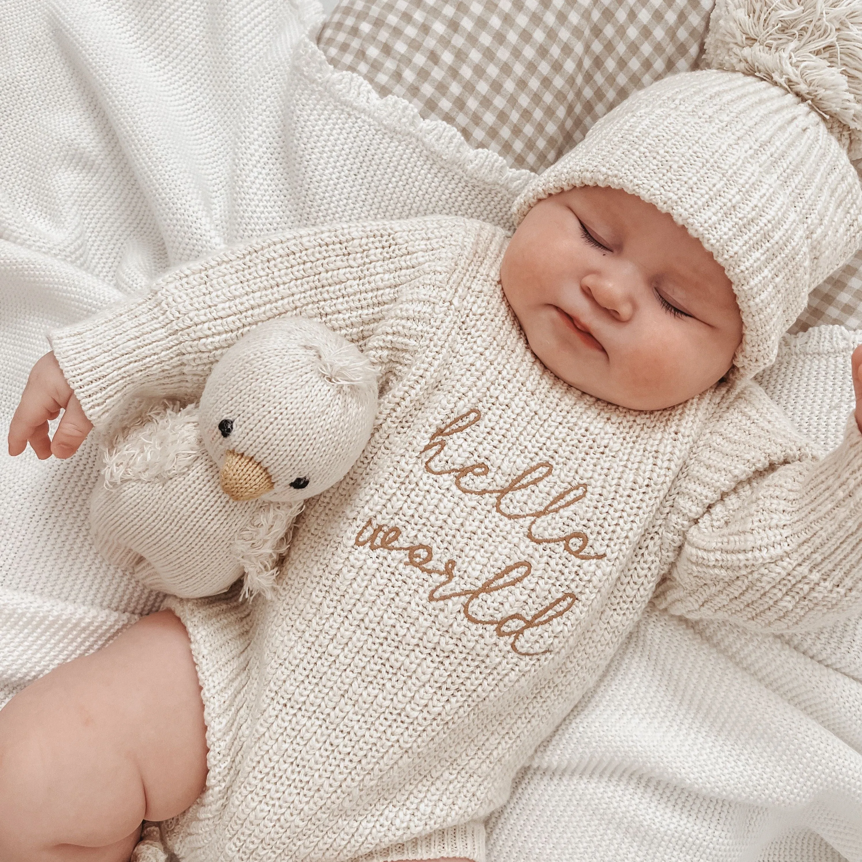 'Hello World' Chunky Knit Romper - Honey