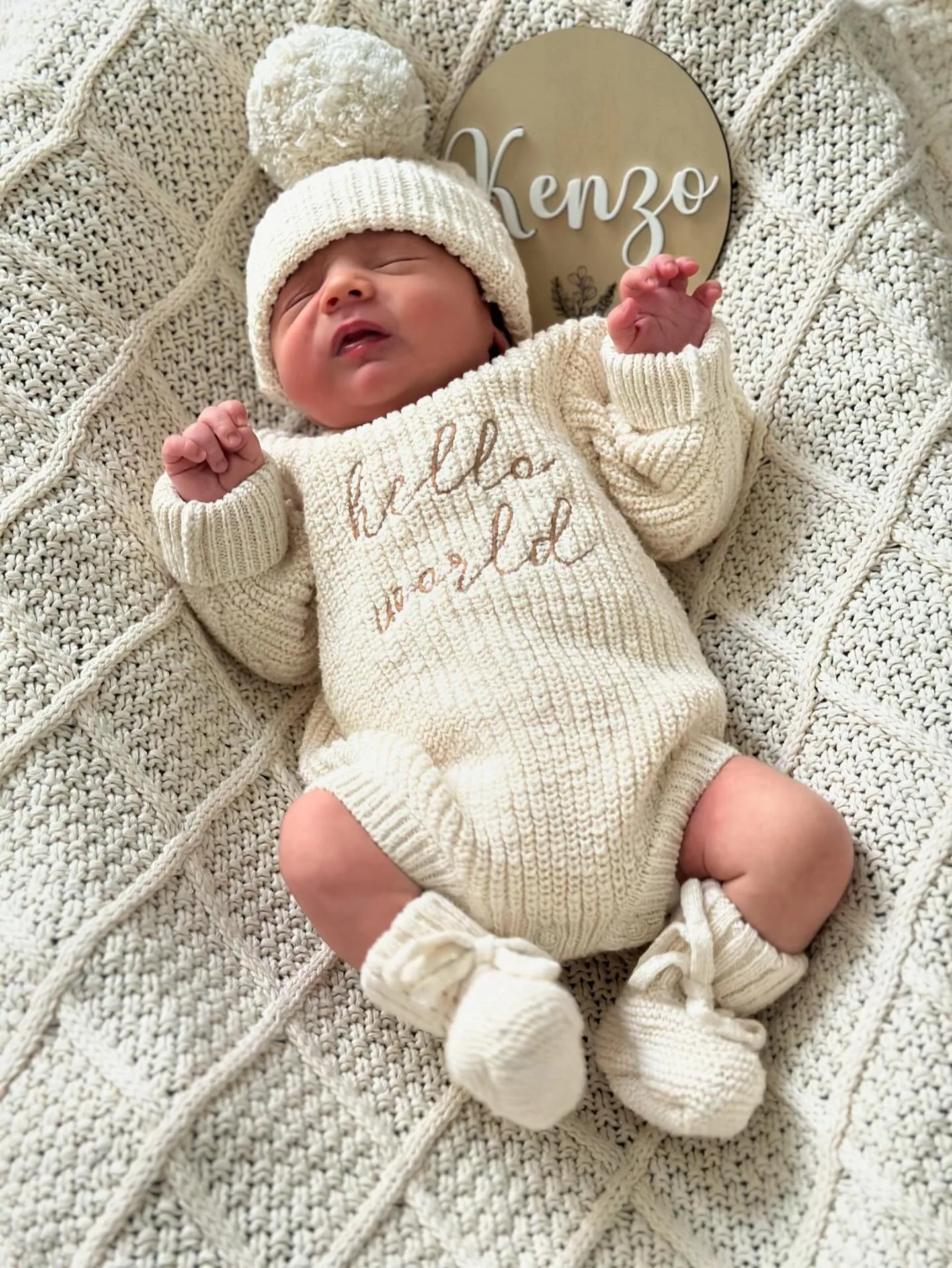 'Hello World' Chunky Knit Romper - Honey