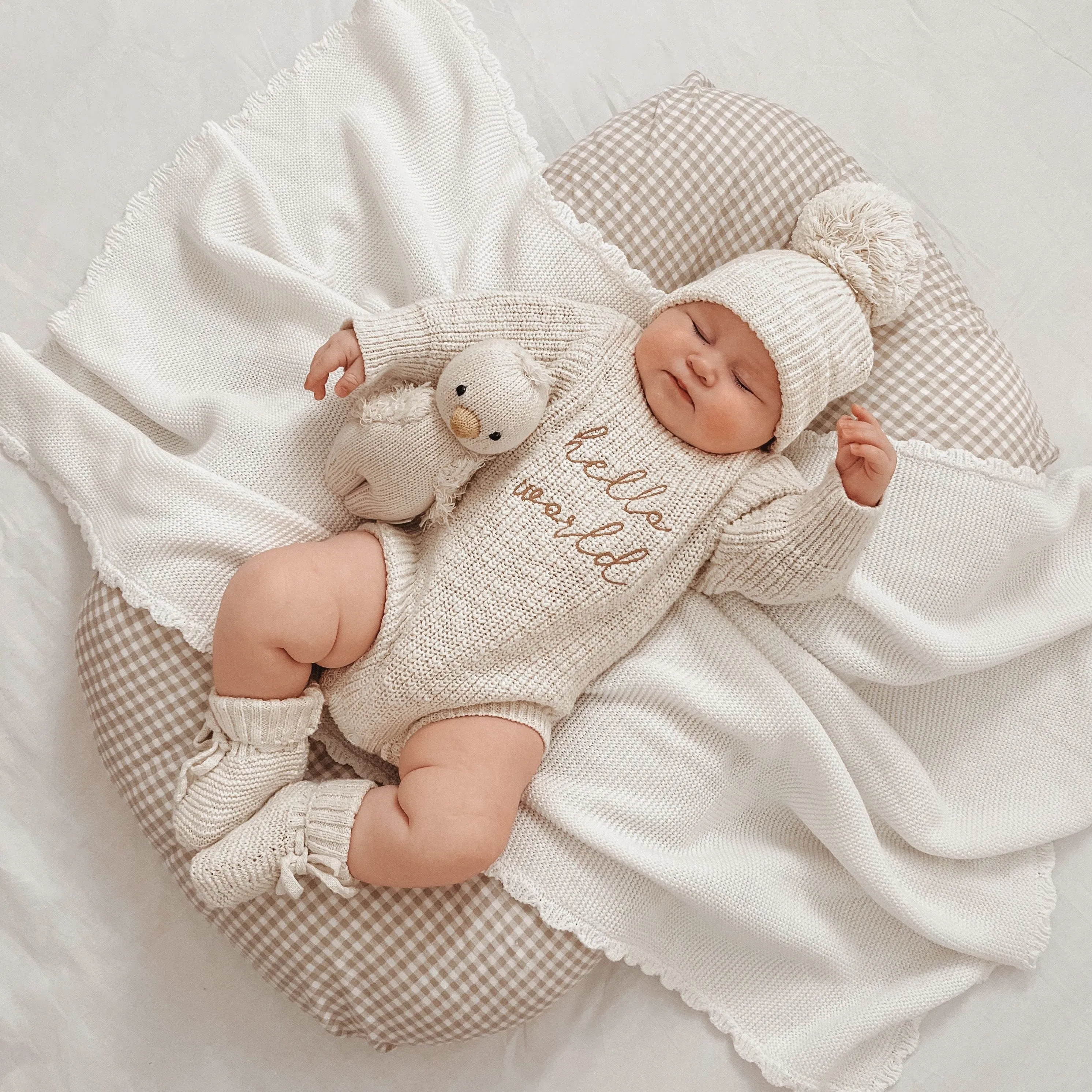 'Hello World' Chunky Knit Romper - Honey