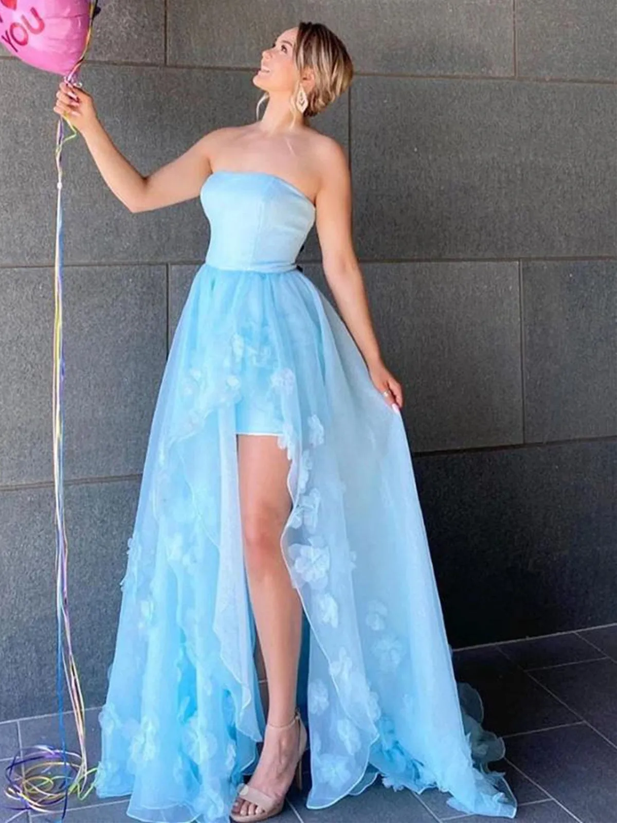 High Low Strapless Light Blue Floral Long Prom with Slit, High Slit Light Blue Formal Evening