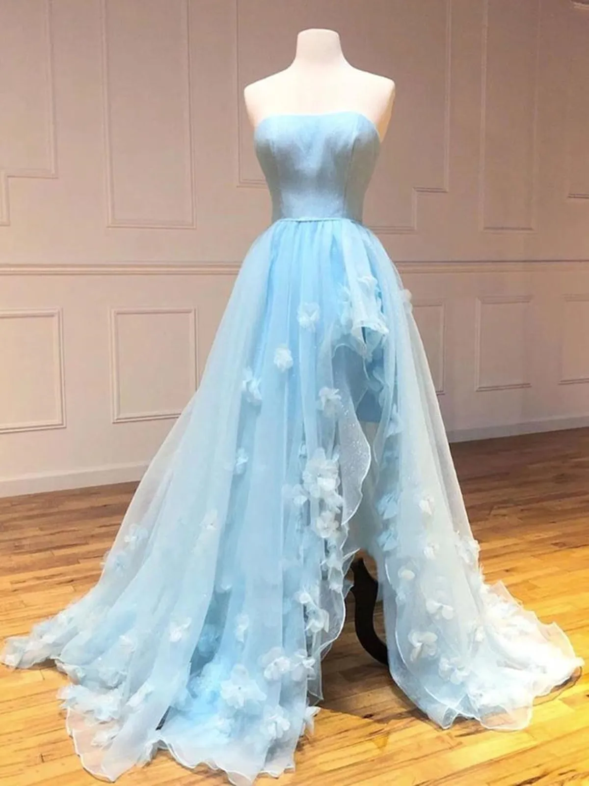 High Low Strapless Light Blue Floral Long Prom with Slit, High Slit Light Blue Formal Evening