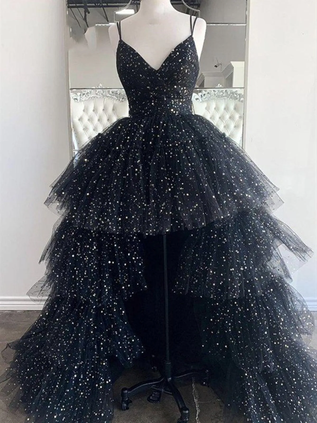 High Low V Neck Black Tulle Long Prom, High Low Black Formal Evening