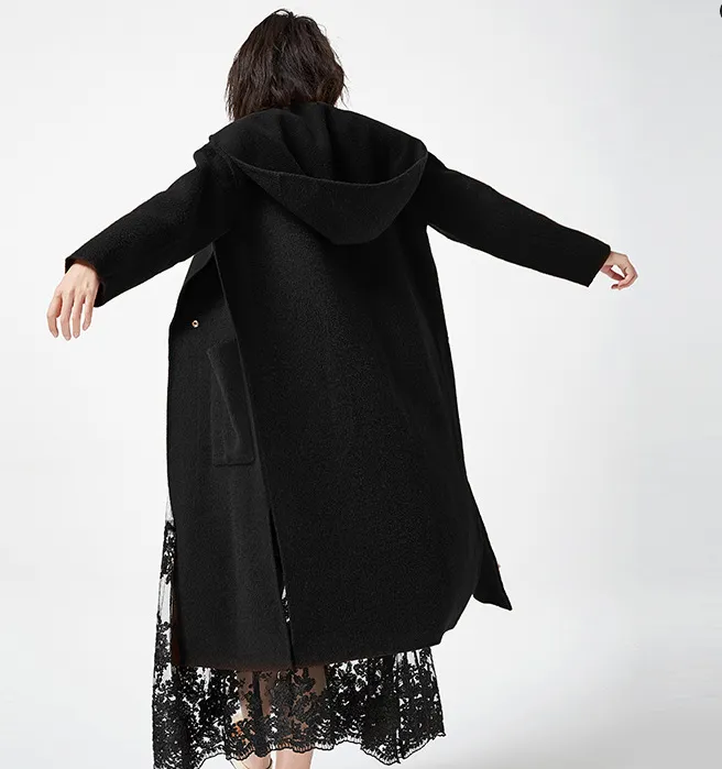 Hooded Wool Coat Handmade Long Warm Long Women Wool Coat Jacket/7800