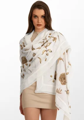 Ivory Cashmere Scarf with Hand-Painted Vintage Design and Ivory Frill and Lace Border