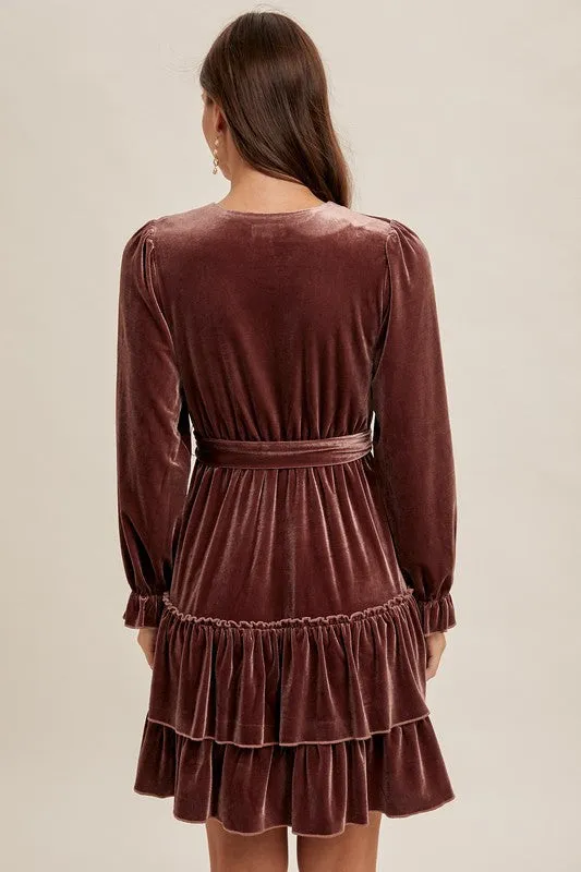 IZZY VELVET SURPLICE LONG SLEEVE RUFFLED DRESS