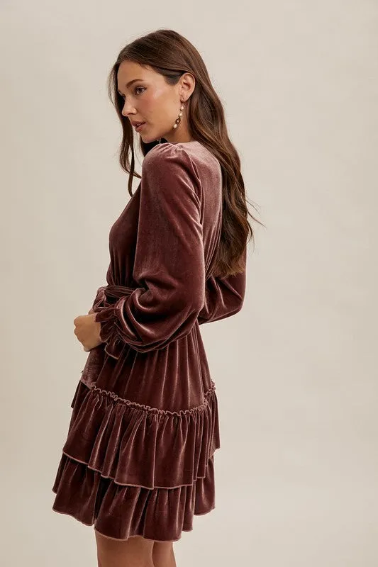 IZZY VELVET SURPLICE LONG SLEEVE RUFFLED DRESS