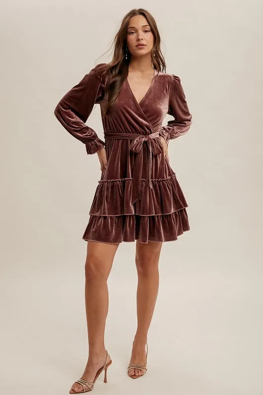 IZZY VELVET SURPLICE LONG SLEEVE RUFFLED DRESS