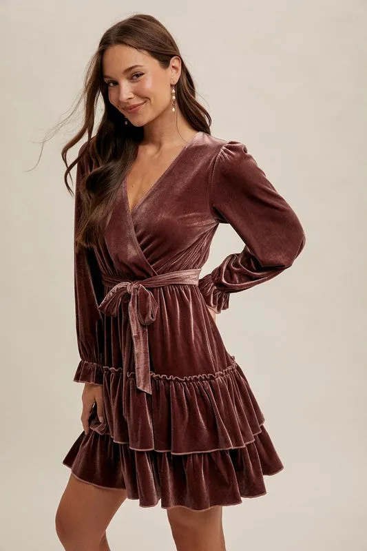 IZZY VELVET SURPLICE LONG SLEEVE RUFFLED DRESS