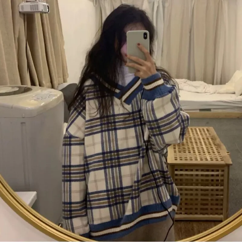 Joskaa Christmas Gift Plaid Pullover Women Warm Korean Pullover Sweater Loose Vintage Women Turtleneck Sweatshirt V Neck Jumper Long Sleeve Pull Femme