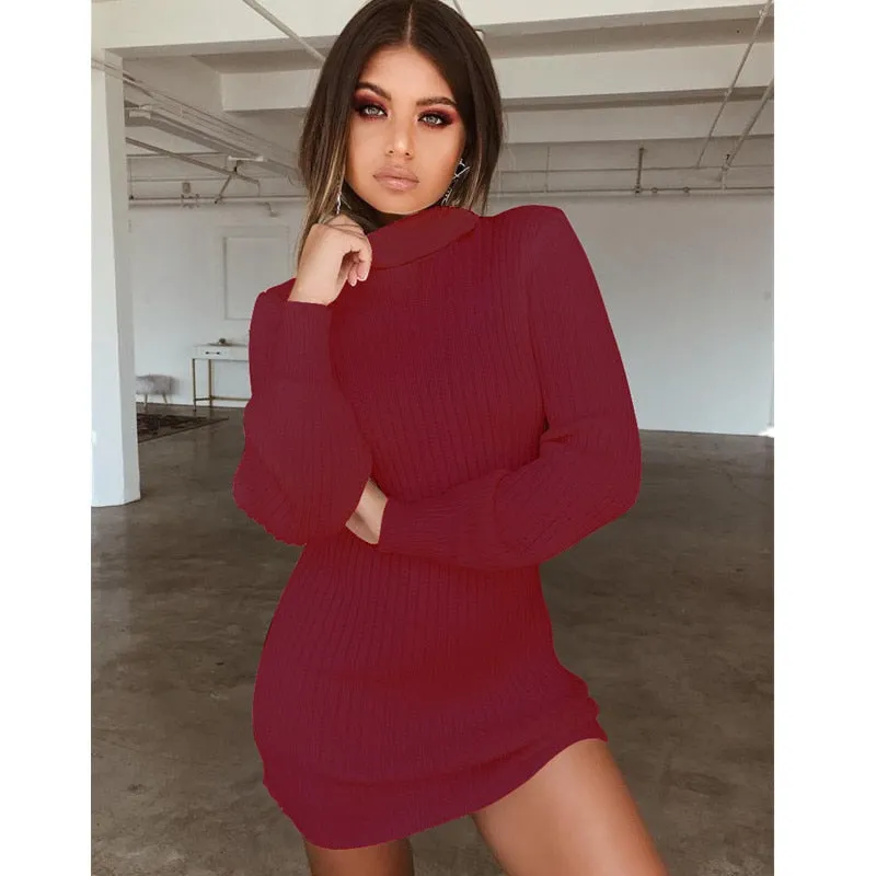 Joskaa hoco dresses Autumn Winter Fashion Sexy Women's Package Hip Mini Dress 2024 Casual Turtleneck Solid Long Sleeve Knitted Plus Size Lady Dress