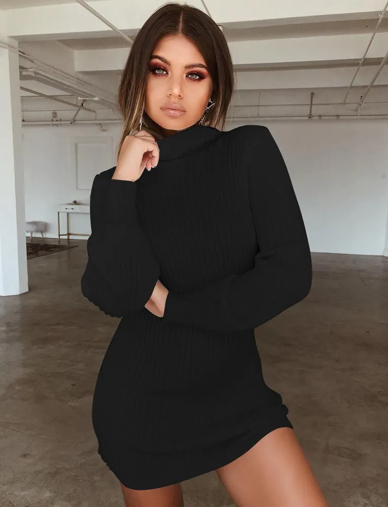 Joskaa hoco dresses Autumn Winter Fashion Sexy Women's Package Hip Mini Dress 2024 Casual Turtleneck Solid Long Sleeve Knitted Plus Size Lady Dress