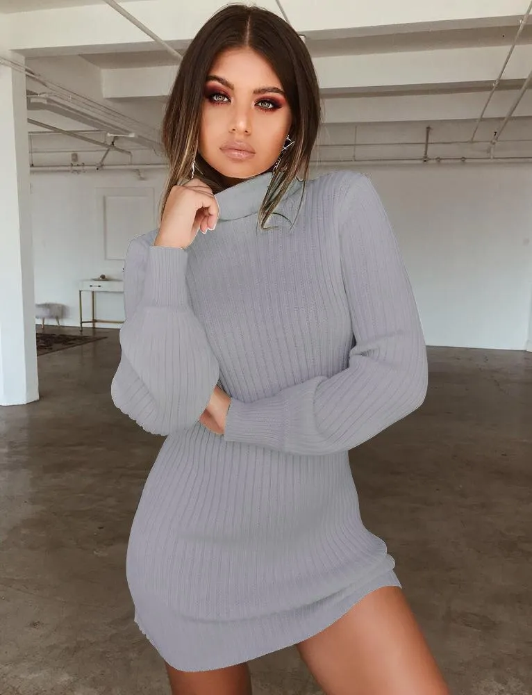 Joskaa hoco dresses Autumn Winter Fashion Sexy Women's Package Hip Mini Dress 2024 Casual Turtleneck Solid Long Sleeve Knitted Plus Size Lady Dress