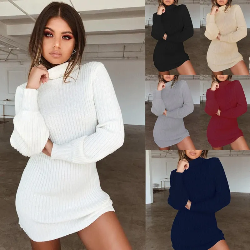 Joskaa hoco dresses Autumn Winter Fashion Sexy Women's Package Hip Mini Dress 2024 Casual Turtleneck Solid Long Sleeve Knitted Plus Size Lady Dress